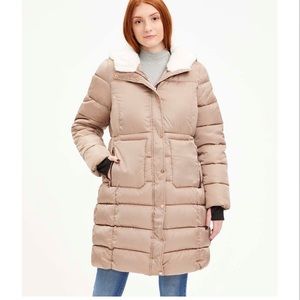 NWT Jessica Simpson Tan Winter Faux Fur Trim Hooded Puffer Coat Woman’s Size XL
